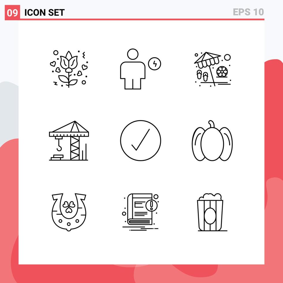User Interface Pack of 9 Basic Outlines of complete check beach construction crain Editable Vector Design Elements