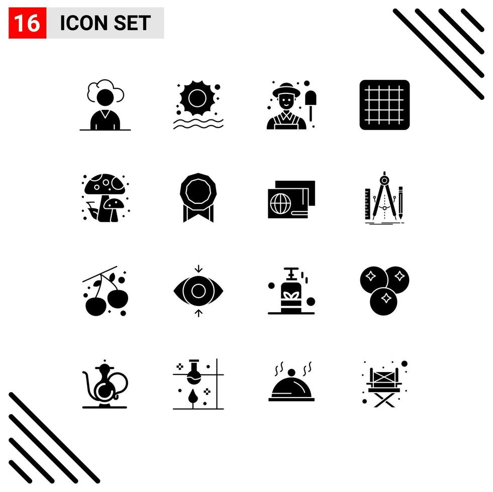 Modern Set of 16 Solid Glyphs Pictograph of identity license garden bonus forest Editable Vector Design Elements