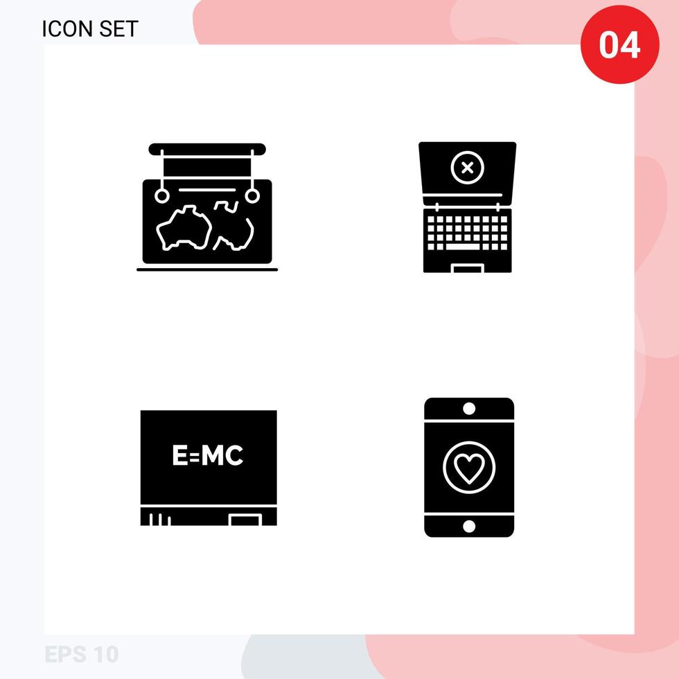 4 conjunto de glifos sólidos universales para aplicaciones web y móviles guía de educación de marco computación elementos de diseño vectorial editables móviles vector
