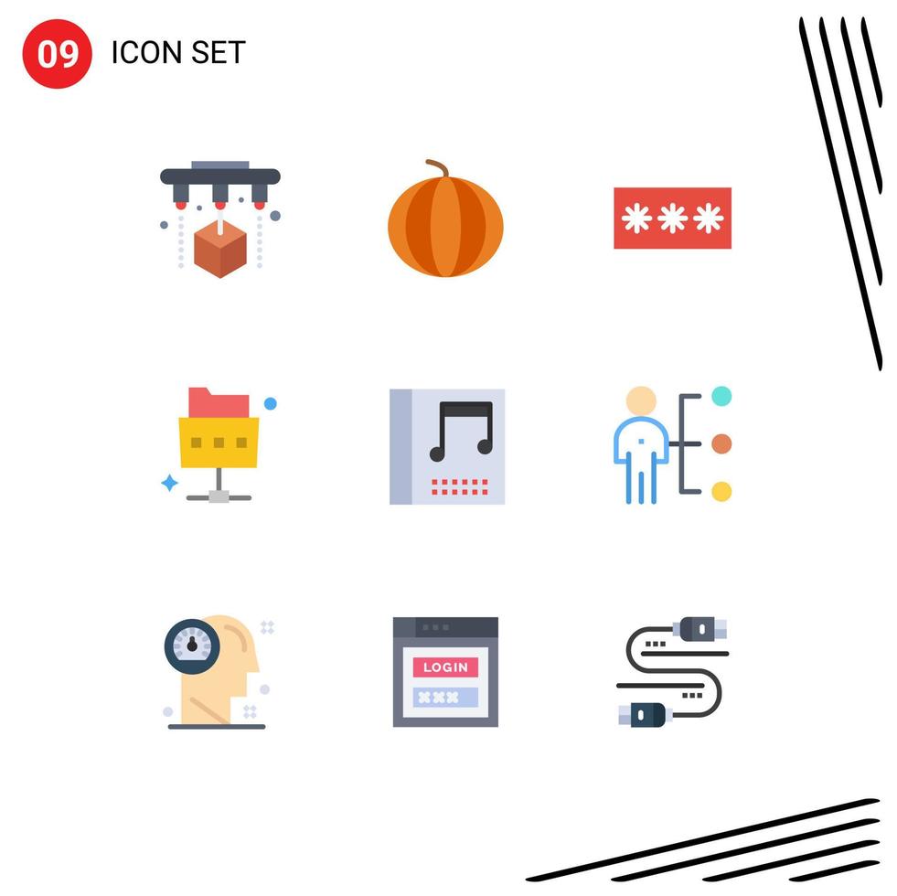 conjunto moderno de 9 colores planos pictograma de elementos de diseño de vector editables de red de carpeta clave de álbum de música