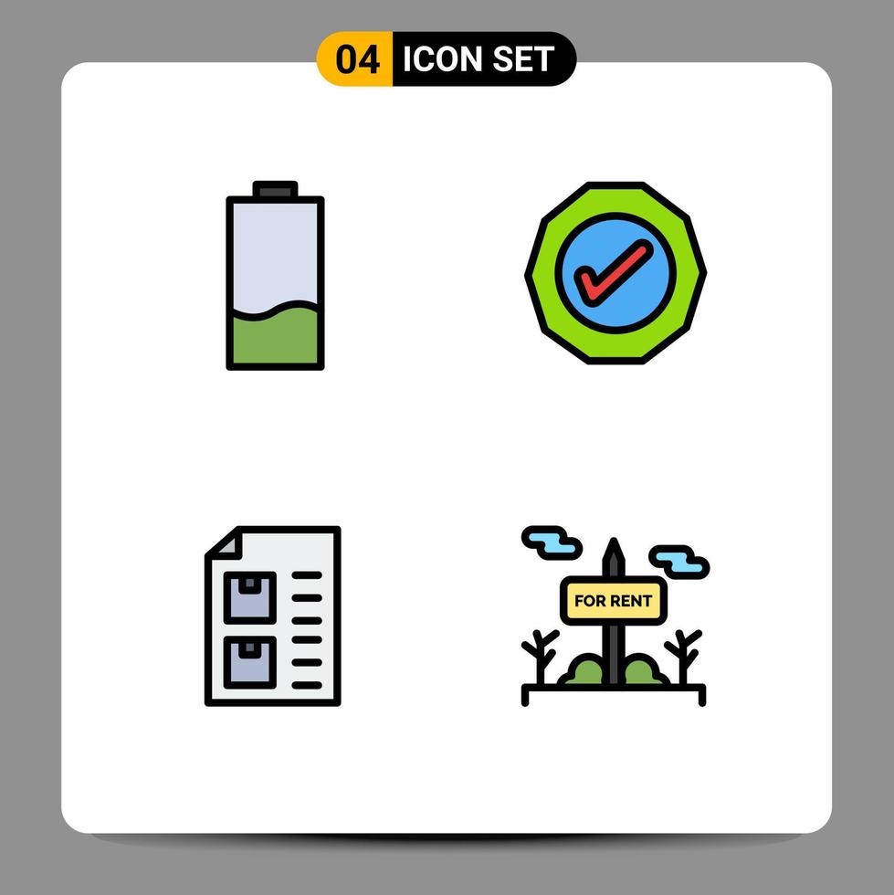 Modern Set of 4 Filledline Flat Colors Pictograph of battery check energy ok document Editable Vector Design Elements