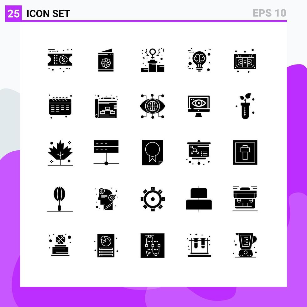 User Interface Pack of 25 Basic Solid Glyphs of music audio feminism brain storming creative Editable Vector Design Elements