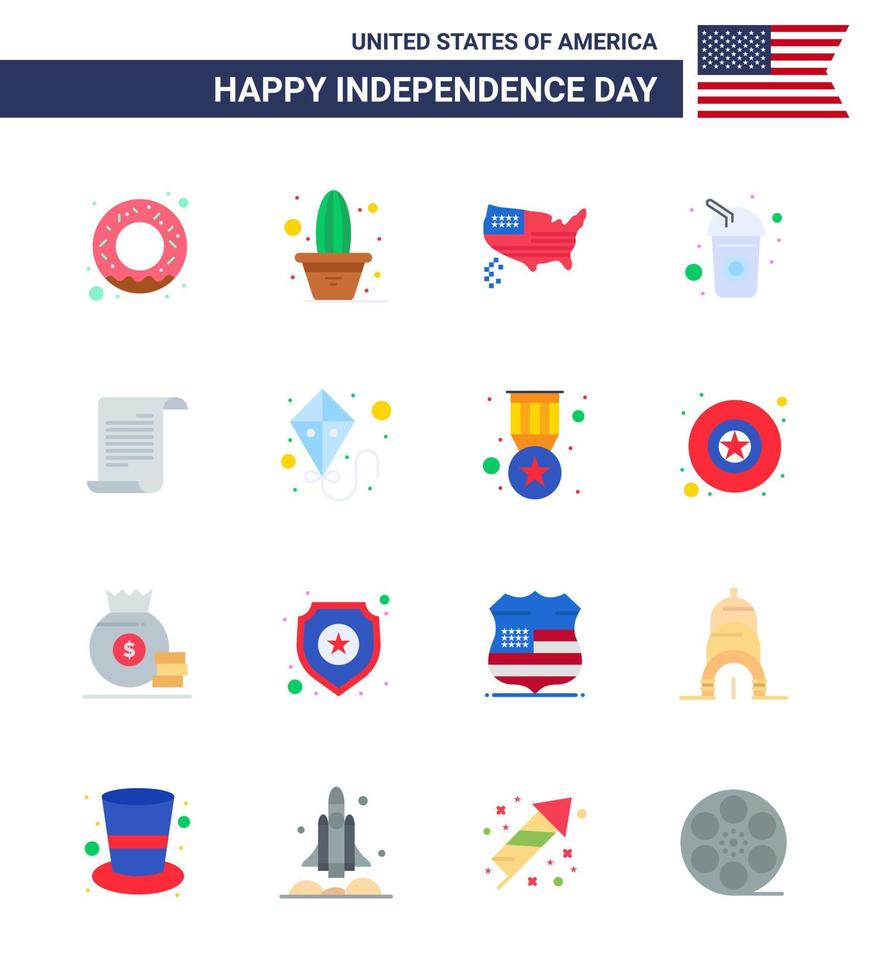Big Pack of 16 USA Happy Independence Day USA Vector Flats and Editable Symbols of american file map soda cola Editable USA Day Vector Design Elements