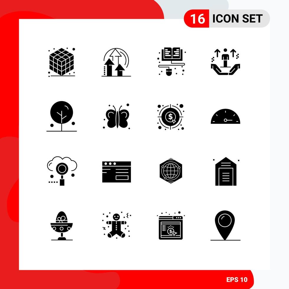 Pack of 16 Modern Solid Glyphs Signs and Symbols for Web Print Media such as flower arrow education support hand Editable Vector Design Elements