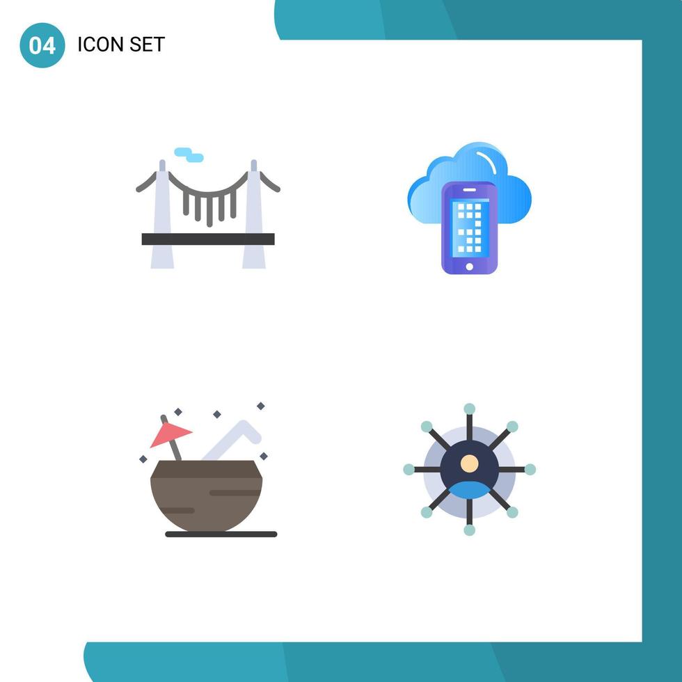 paquete de 4 signos y símbolos de iconos planos modernos para medios de impresión web, como elementos de diseño de vectores editables de verano móvil de carretera de coco de puente