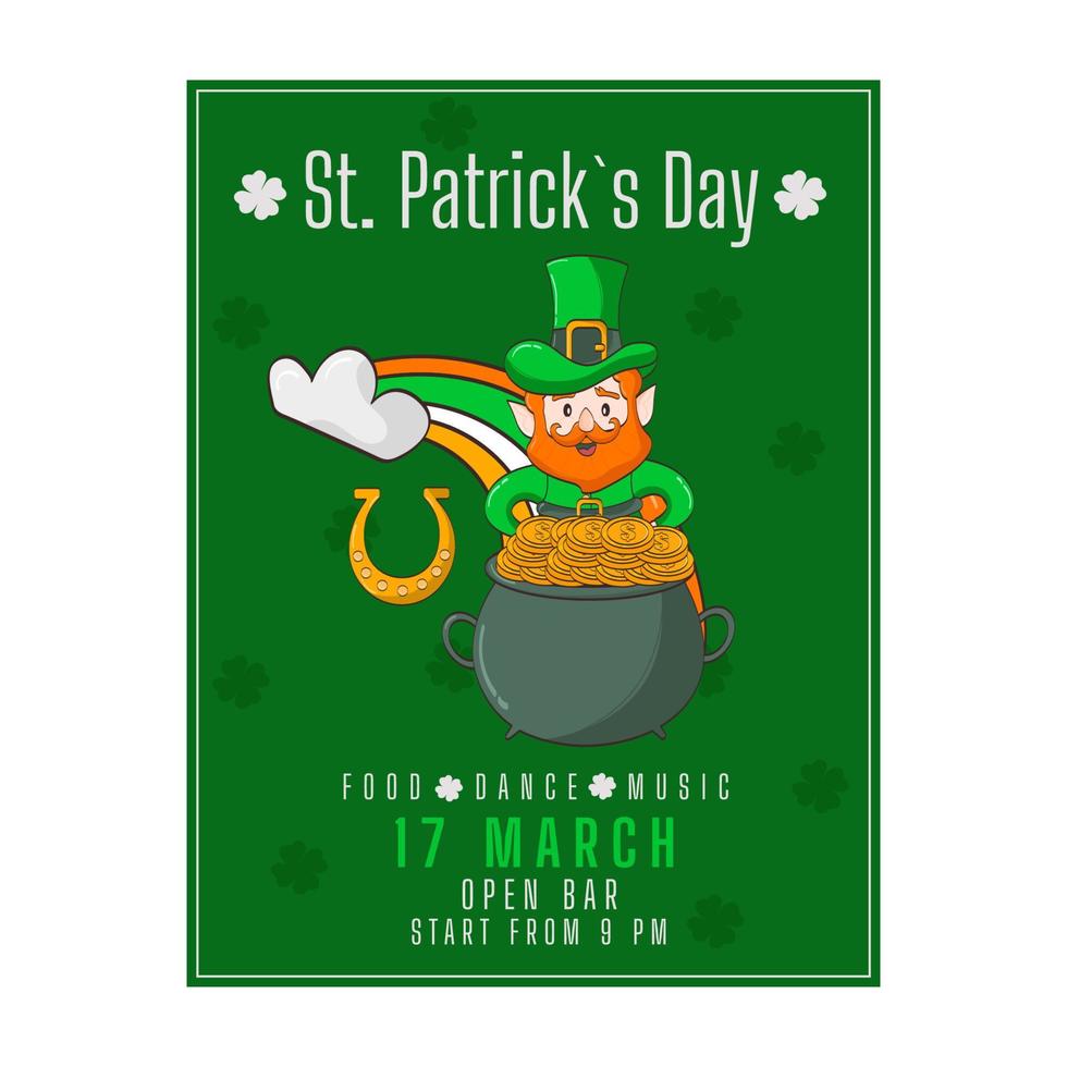 Poster, flyer, invitation to a St. Patrick's Day party. Leprechaun, pot of gold vector