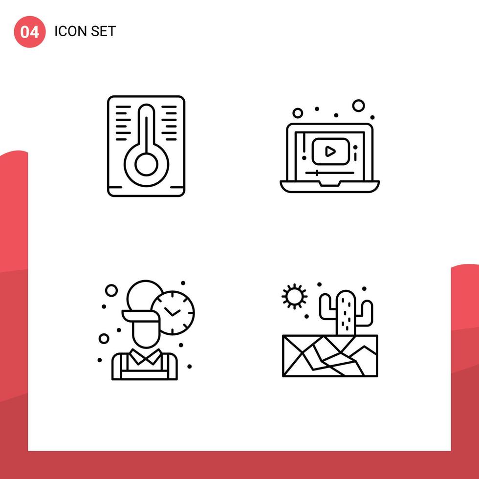 Group of 4 Filledline Flat Colors Signs and Symbols for temperature worker video employee sun Editable Vector Design Elements