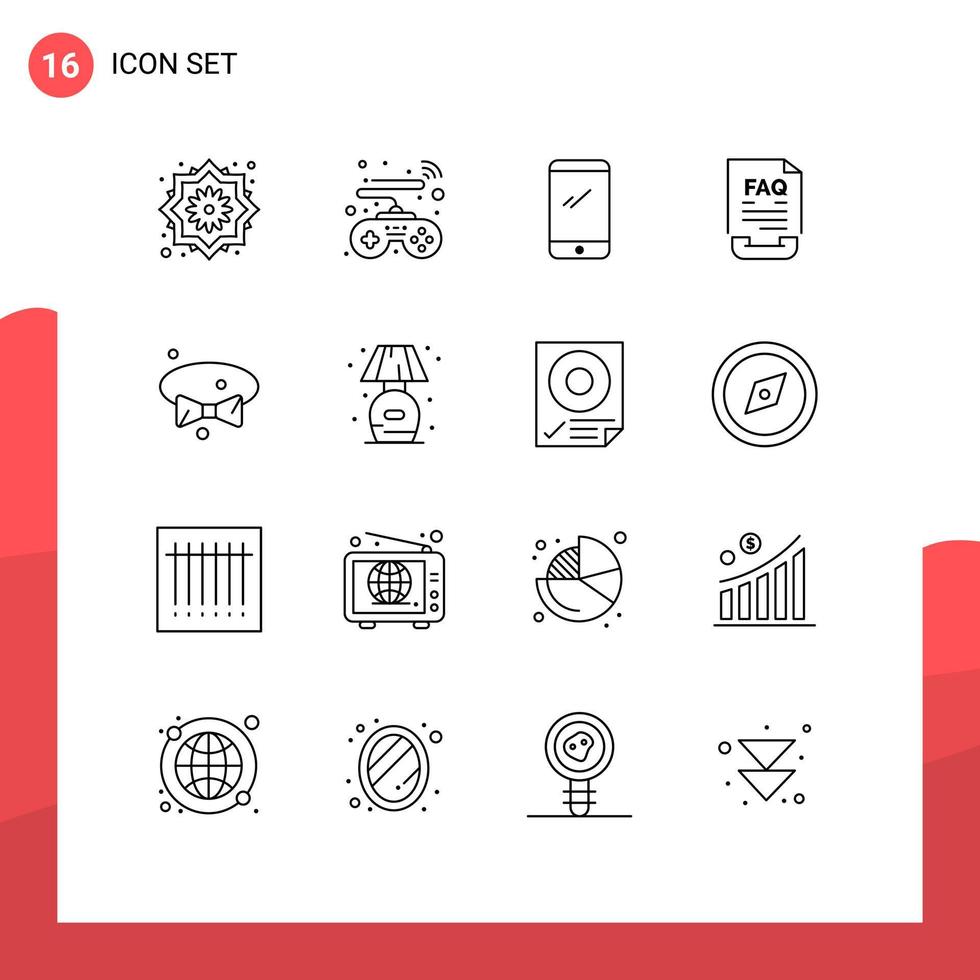 Universal Icon Symbols Group of 16 Modern Outlines of bow help smart phone document communication Editable Vector Design Elements