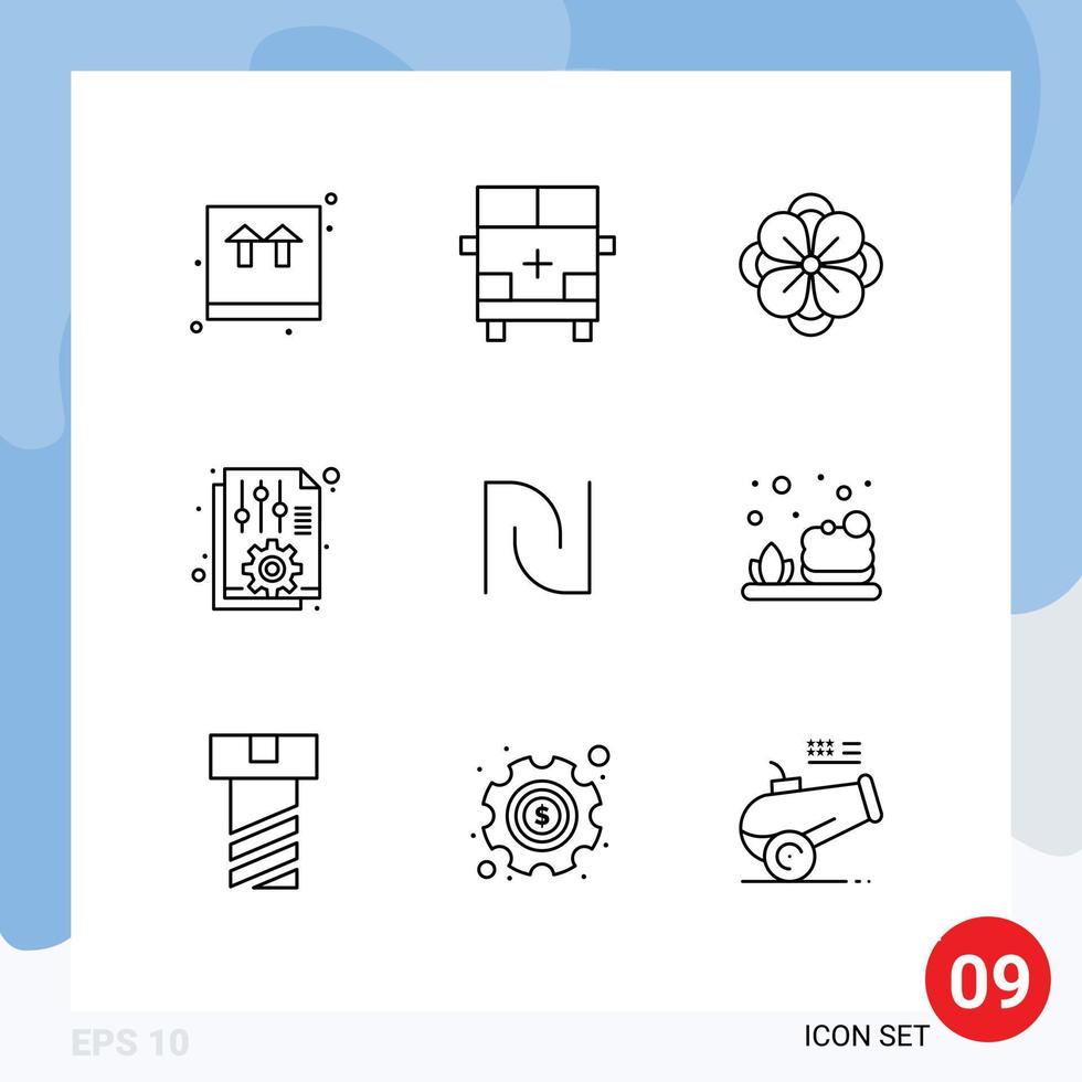Editable Vector Line Pack of 9 Simple Outlines of report office vehicles file spring flower Editable Vector Design Elements