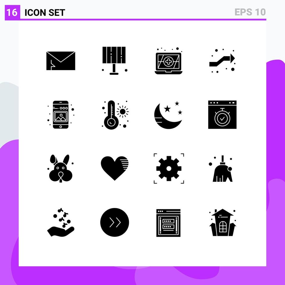Set of 16 Commercial Solid Glyphs pack for phone image home light gallery intersection Editable Vector Design Elements