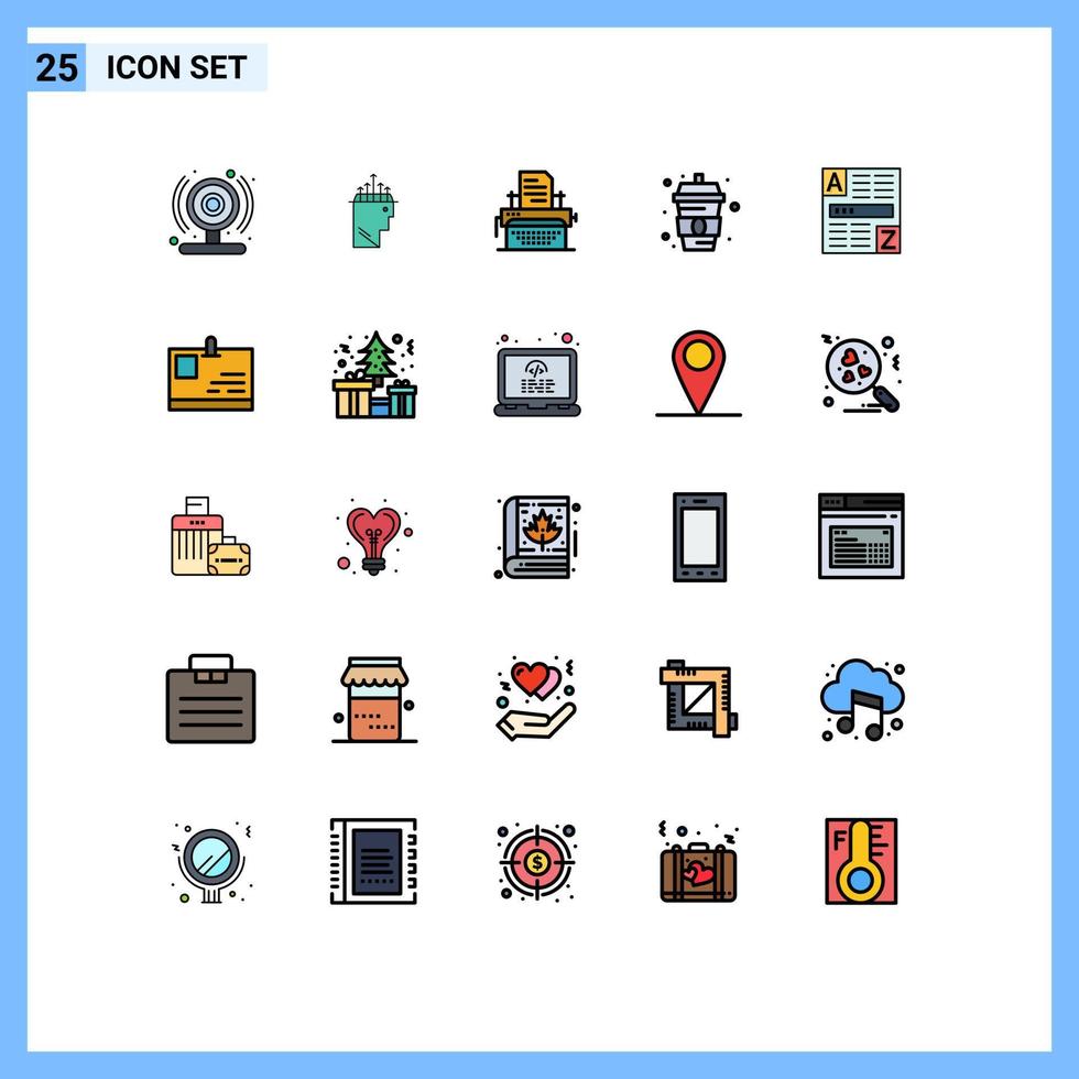 paquete de 25 colores planos creativos de líneas rellenas de navegador de código que escribe elementos de diseño de vectores editables de comida de agua