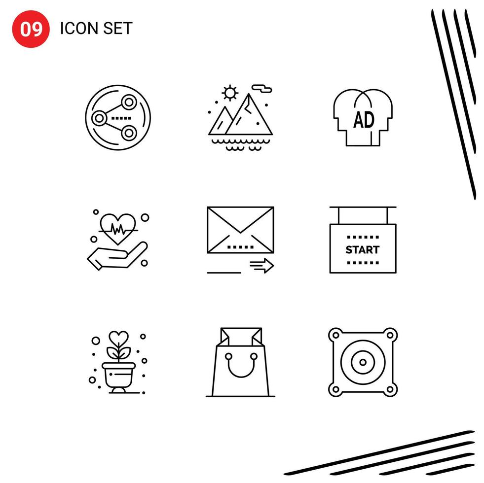 Group of 9 Outlines Signs and Symbols for navigation email knowledge heart hold Editable Vector Design Elements