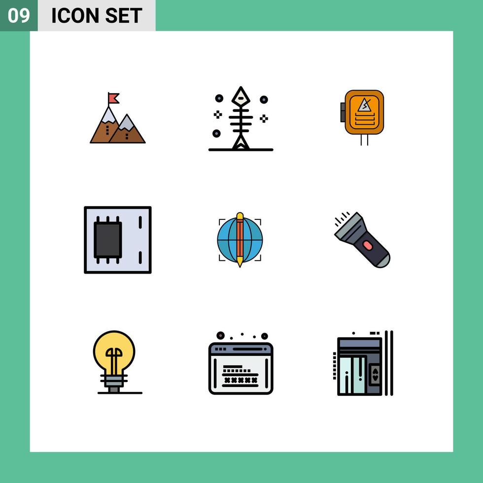 Stock Vector Icon Pack of 9 Line Signs and Symbols for electronics chip fish transformer energy Editable Vector Design Elements
