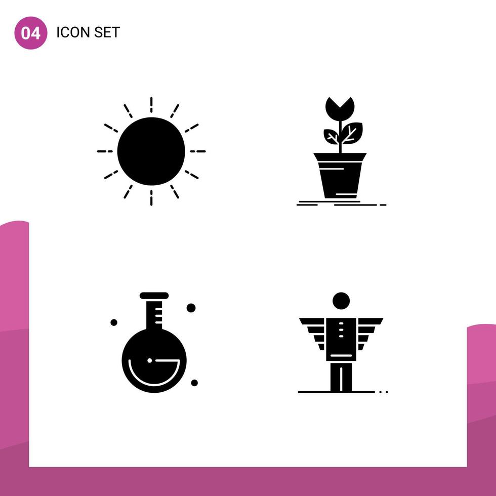 Set of 4 Vector Solid Glyphs on Grid for sun plant sunrise game lab Editable Vector Design Elements