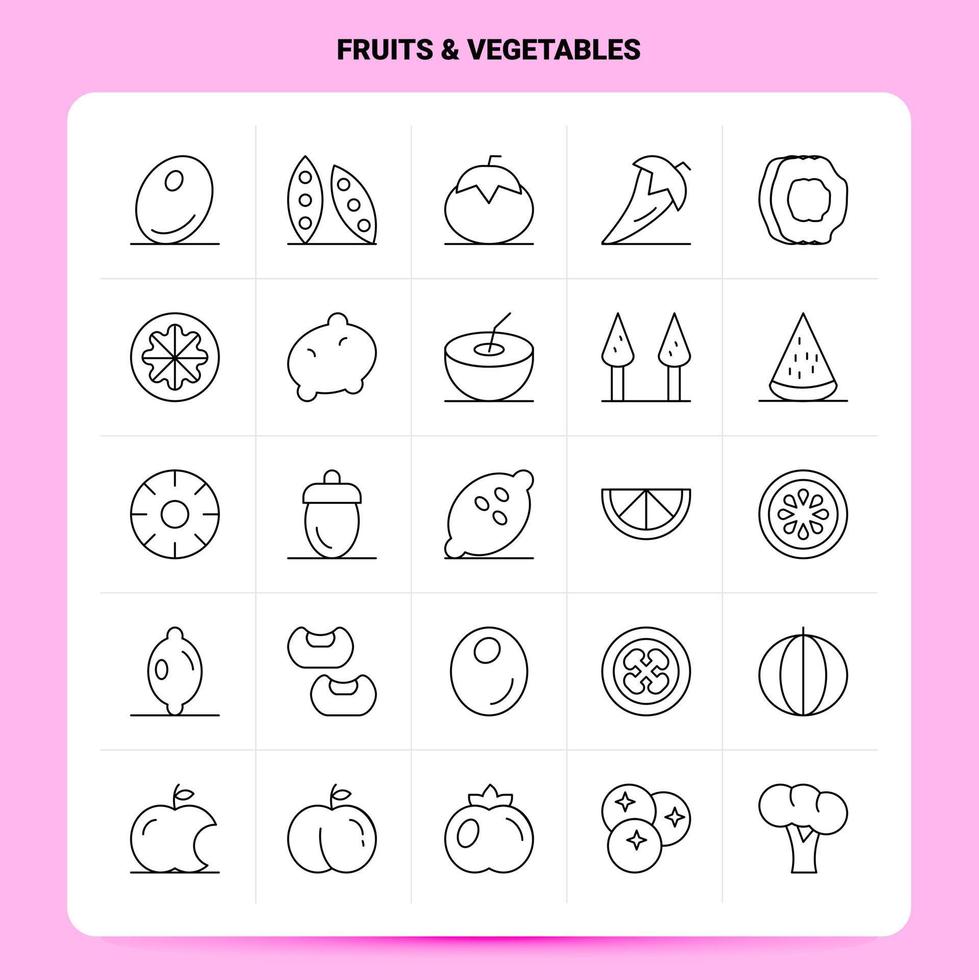 OutLine 25 Fruits  Vegetables Icon set Vector Line Style Design Black Icons Set Linear pictogram pack Web and Mobile Business ideas design Vector Illustration