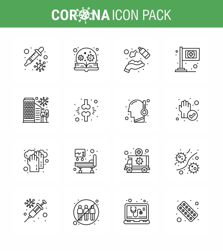 Covid19 icon set for infographic 16 Line pack such as building flag virus assistance wash viral coronavirus 2019nov disease Vector Design Elements