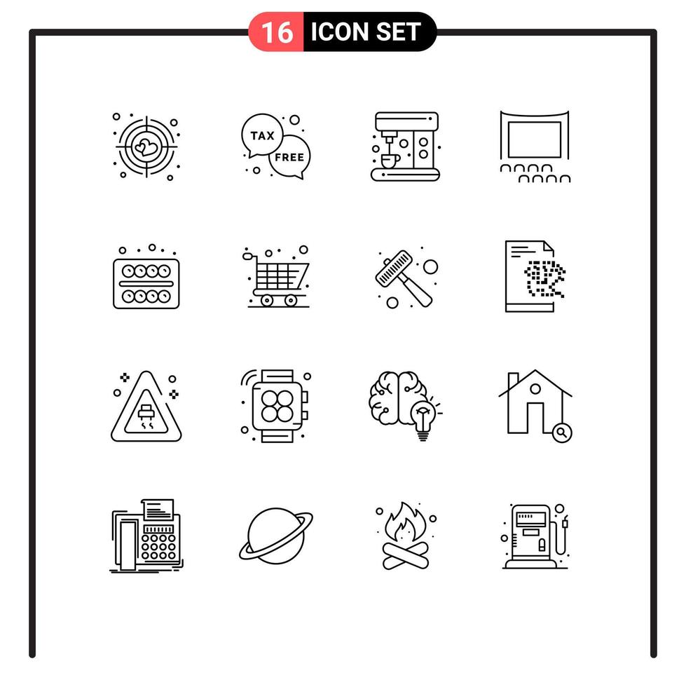 Pack of 16 Modern Outlines Signs and Symbols for Web Print Media such as school office coffee film cinema Editable Vector Design Elements