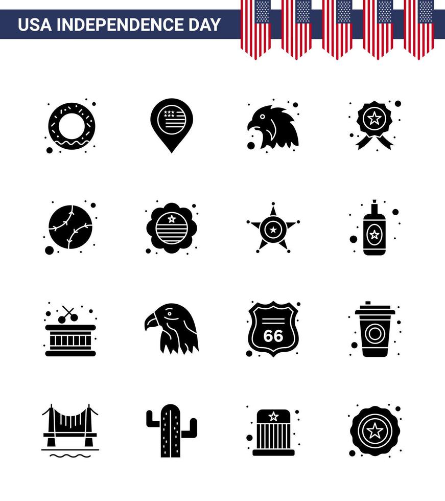 conjunto de pictogramas del día de la independencia de estados unidos de 16 glifos sólidos simples de pájaro de béisbol unido estrella americana elementos de diseño de vector de día de estados unidos editables