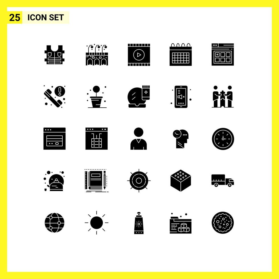 Set of 25 Vector Solid Glyphs on Grid for call page video web schedule Editable Vector Design Elements