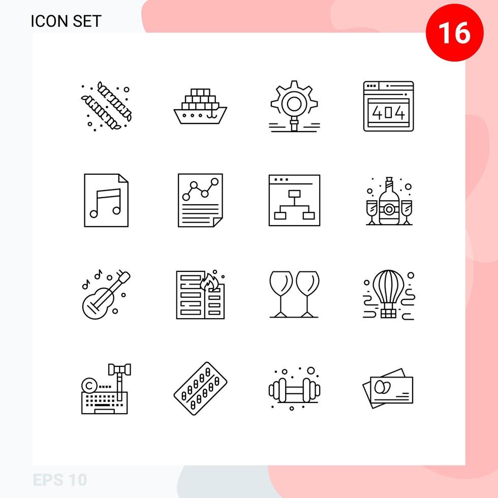 Editable Vector Line Pack of 16 Simple Outlines of data document search audio webpage Editable Vector Design Elements