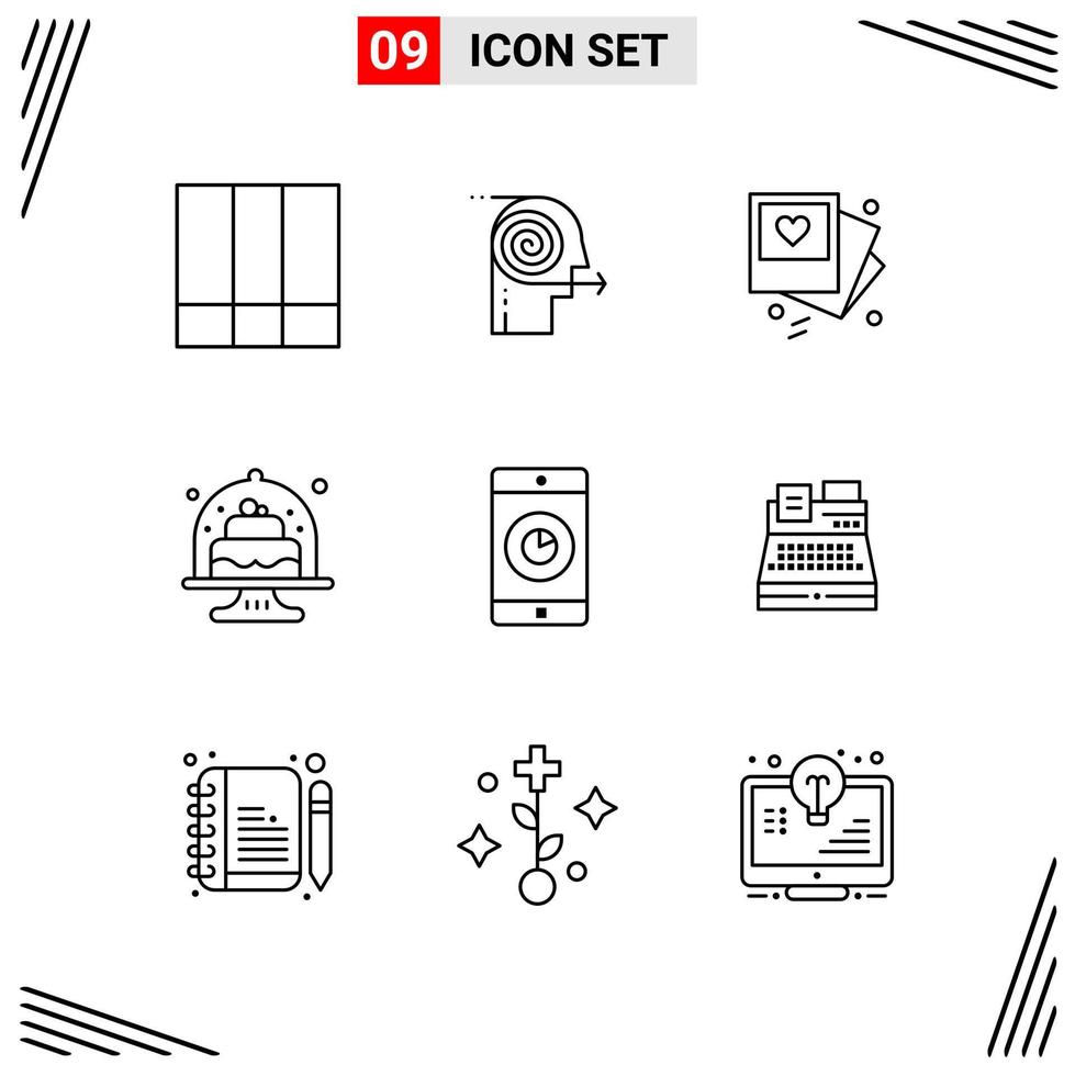 9 iconos estilo de línea cuadrícula basada en símbolos de contorno creativo para el diseño de sitios web signos de icono de línea simple aislados en fondo blanco 9 conjunto de iconos vector