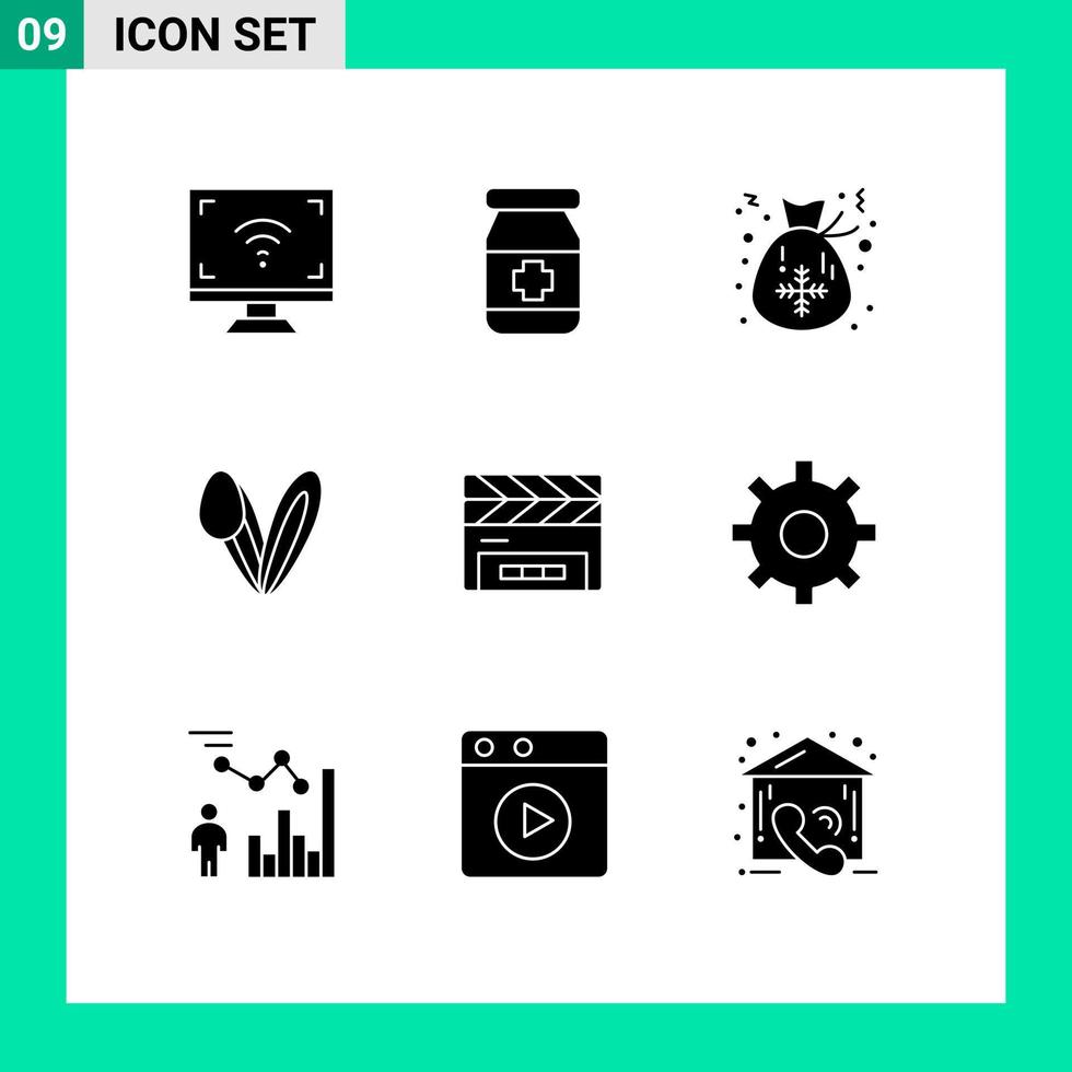 Group of 9 Solid Glyphs Signs and Symbols for clapper rabbit bag face animal Editable Vector Design Elements