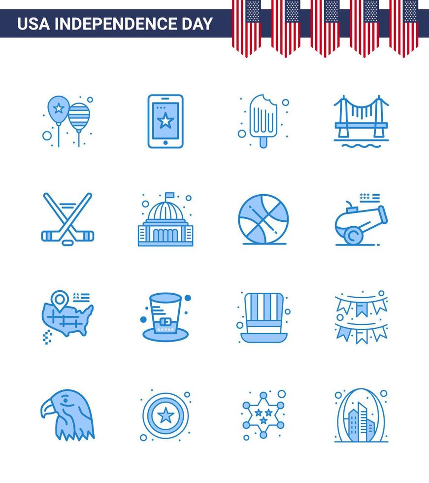 Happy Independence Day Pack of 16 Blues Signs and Symbols for hokey city ireland building ice cream Editable USA Day Vector Design Elements
