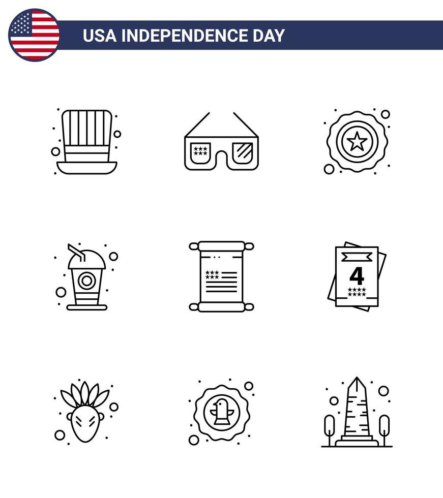 USA Independence Day Line Set of 9 USA Pictograms of american scroll police soda cola Editable USA Day Vector Design Elements