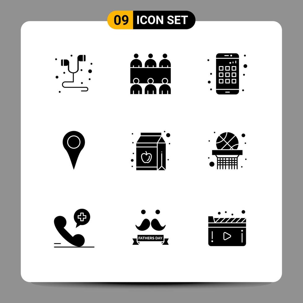 9 Solid Glyph concept for Websites Mobile and Apps bottle juice device apple map Editable Vector Design Elements