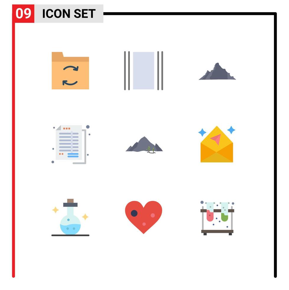 Pack of 9 creative Flat Colors of mountain banking landscape balance accounting Editable Vector Design Elements
