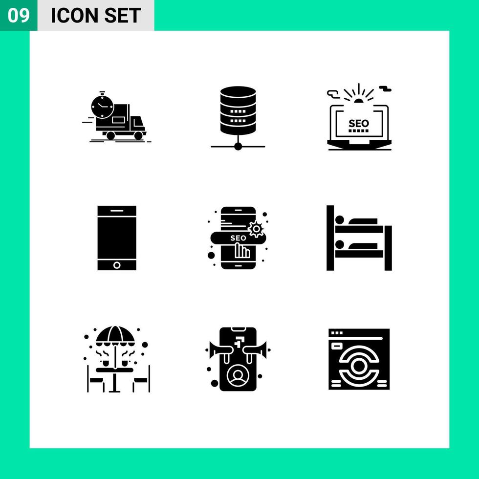Modern Set of 9 Solid Glyphs and symbols such as marketing iphone computing device configuration Editable Vector Design Elements