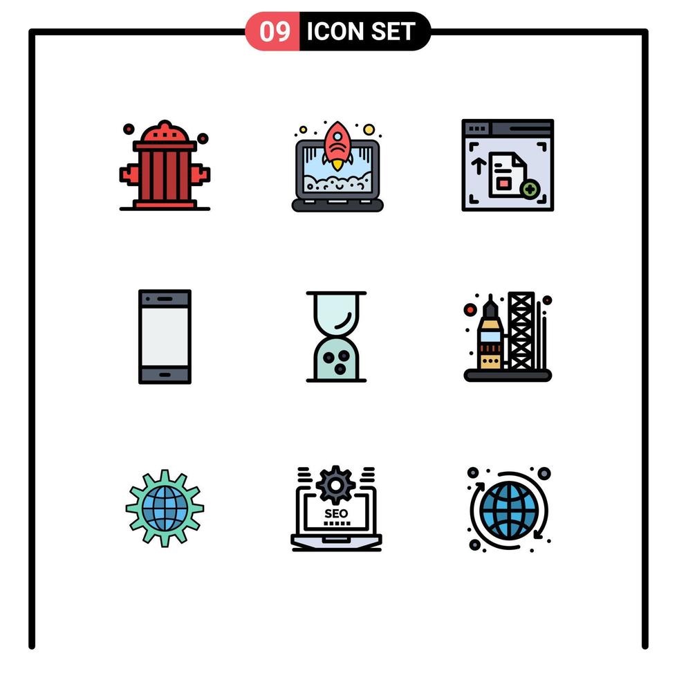 Group of 9 Filledline Flat Colors Signs and Symbols for outline business web smart phone phone Editable Vector Design Elements