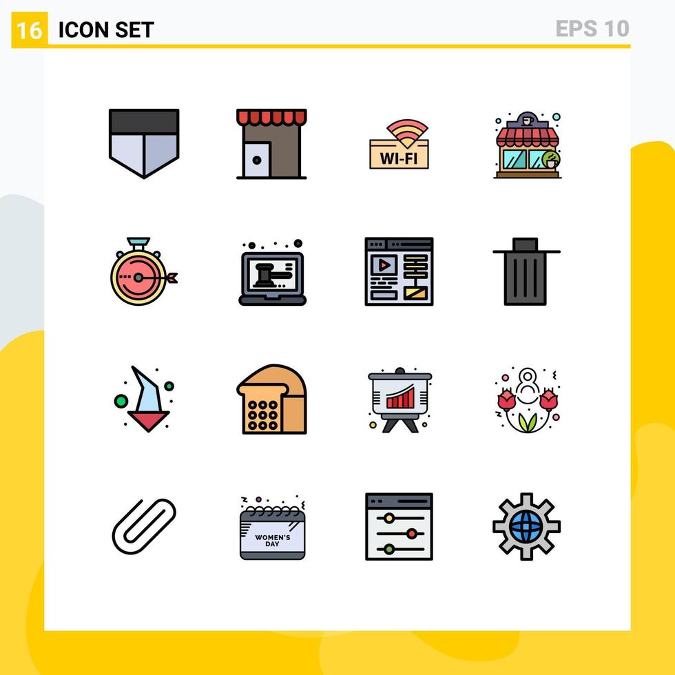 Flat Color Filled Line Pack of 16 Universal Symbols of release management wifi launch coffee shop Editable Creative Vector Design Elements