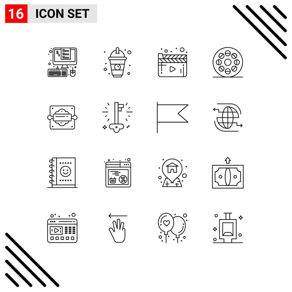 Modern Set of 16 Outlines Pictograph of bakery roll juice movie video Editable Vector Design Elements