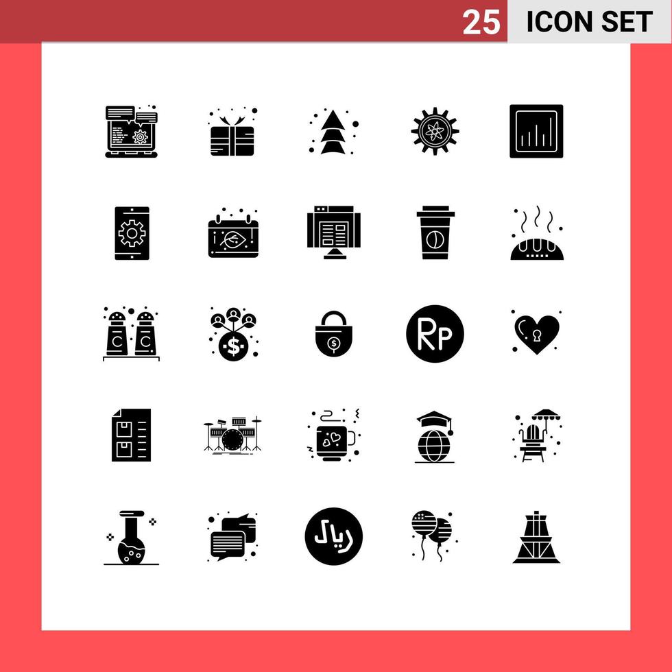 Group of 25 Modern Solid Glyphs Set for chart lab arrow setting experiment Editable Vector Design Elements