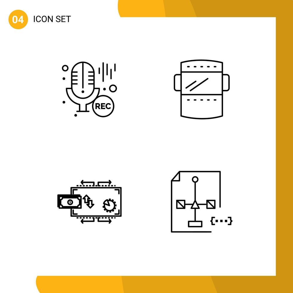 4 User Interface Line Pack of modern Signs and Symbols of mic flow recording protection money Editable Vector Design Elements