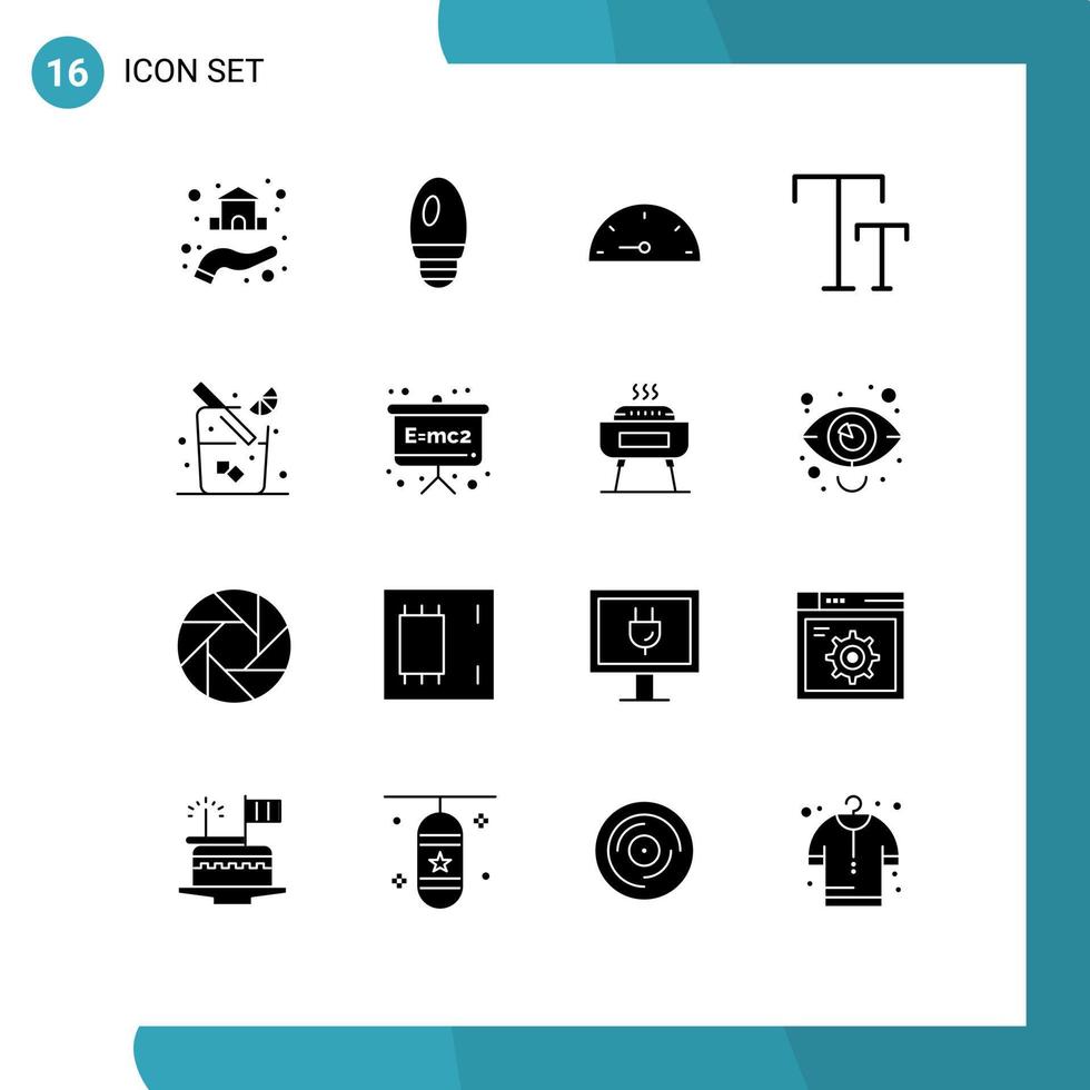 16 concepto de glifo sólido para sitios web móviles y aplicaciones emc calibre de bebidas texto de alimentos elementos de diseño vectorial editables vector