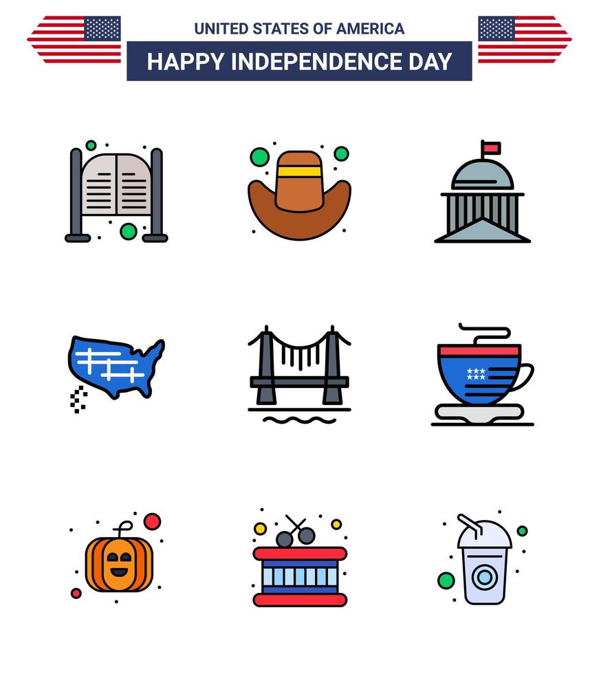 paquete de feliz día de la independencia de 9 líneas planas llenas de signos y símbolos para los estados de la ciudad unida del puente irlandeses elementos de diseño vectorial del día de estados unidos editables vector