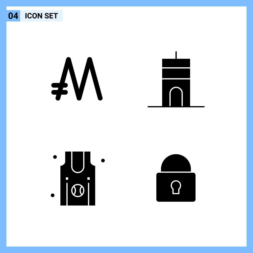 4 iconos de estilo sólido símbolos de glifo creativo signo de icono sólido negro aislado sobre fondo blanco vector