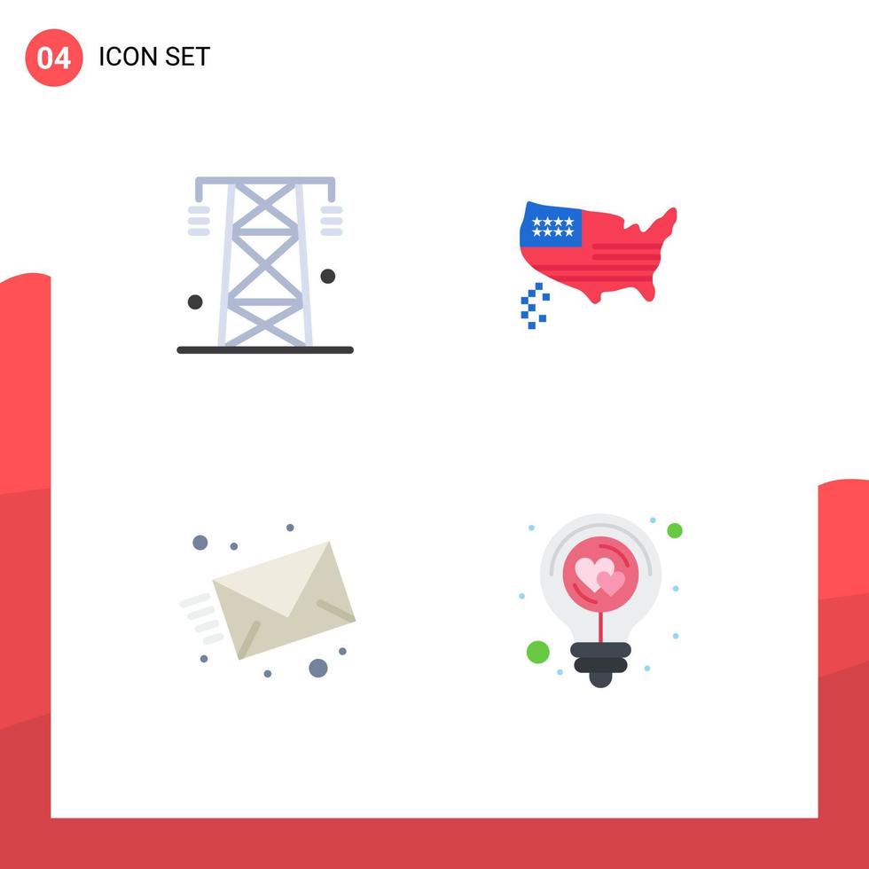 Group of 4 Modern Flat Icons Set for electricity email power map message Editable Vector Design Elements