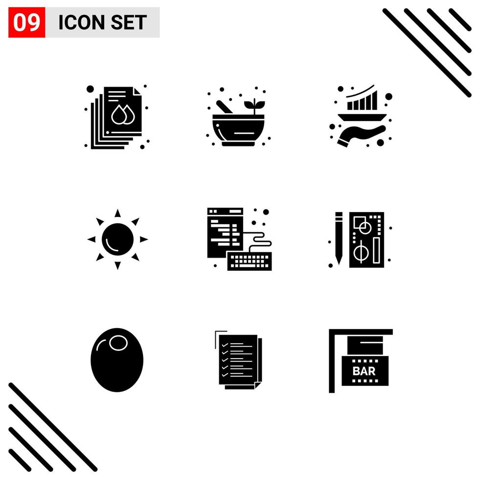 Pack of 9 Modern Solid Glyphs Signs and Symbols for Web Print Media such as development browser graph shinning sun Editable Vector Design Elements