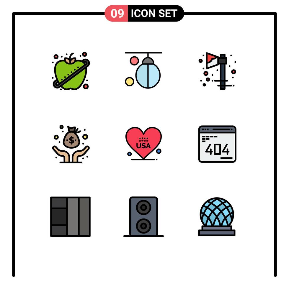 Pack of 9 Modern Filledline Flat Colors Signs and Symbols for Web Print Media such as heart investor training fund holiday Editable Vector Design Elements