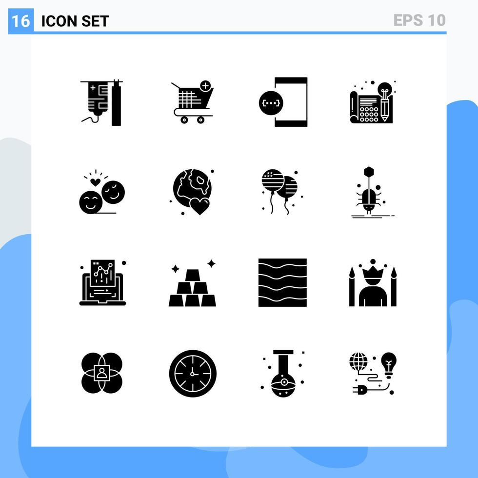paquete de 16 glifos sólidos creativos de dispositivos de diseño de aplicaciones de ideas de pensamiento elementos de diseño de vectores editables