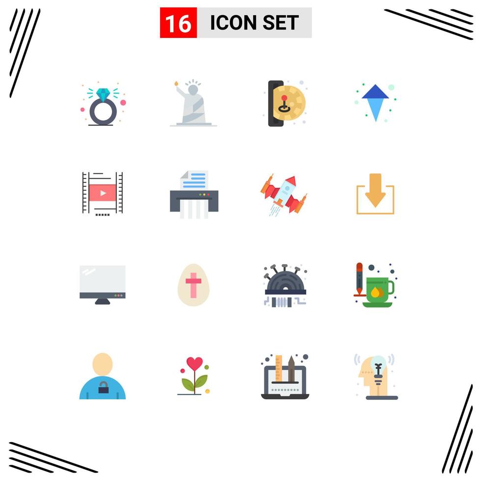 16 Universal Flat Color Signs Symbols of filam vedio insert coin up arrow Editable Pack of Creative Vector Design Elements