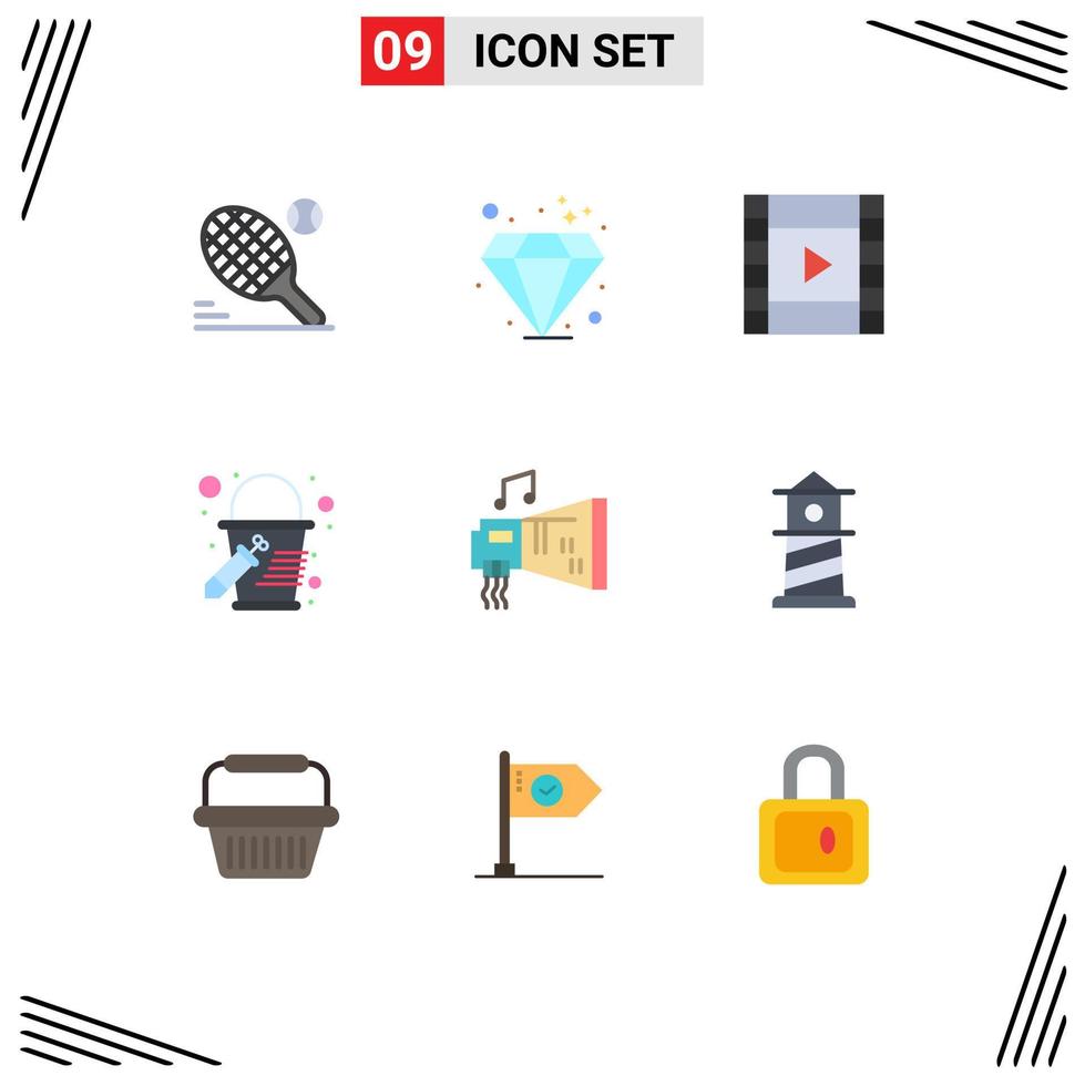 9 Thematic Vector Flat Colors and Editable Symbols of music device media blaster paint bucket Editable Vector Design Elements