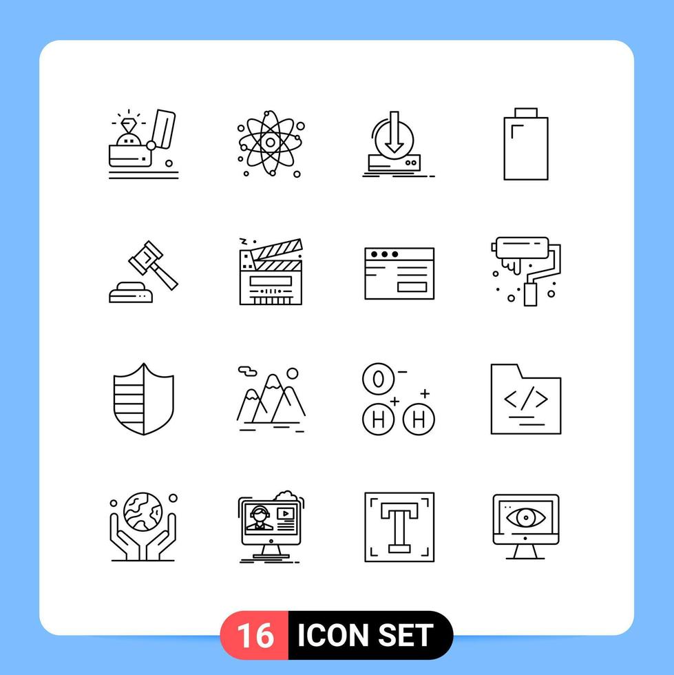 Set of 16 Modern UI Icons Symbols Signs for court electric physics battery download Editable Vector Design Elements