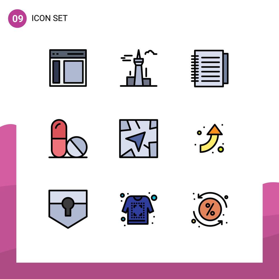 9 Thematic Vector Filledline Flat Colors and Editable Symbols of gps science tower medicine office Editable Vector Design Elements