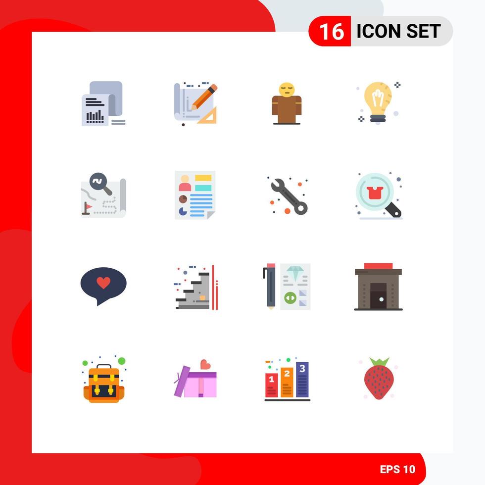 Pack of 16 Modern Flat Colors Signs and Symbols for Web Print Media such as light idea construction bulb person Editable Pack of Creative Vector Design Elements