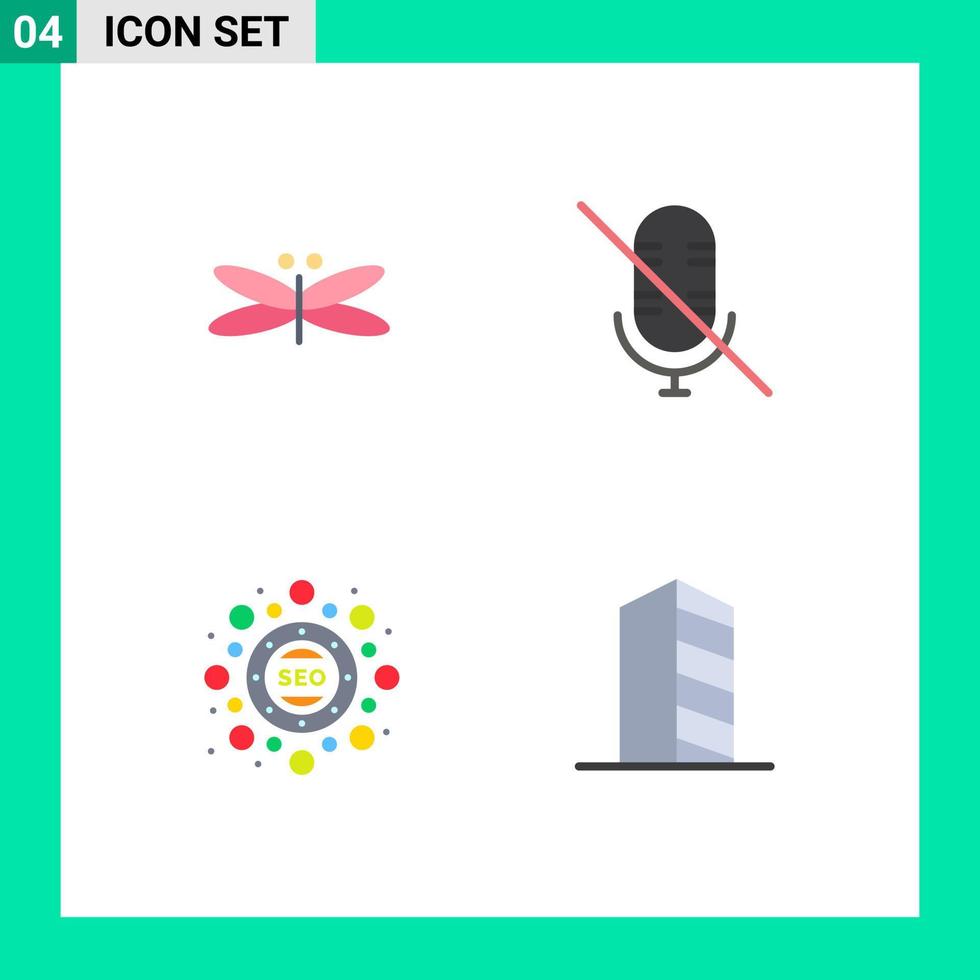 Paquete de iconos planos de interfaz de usuario de 4 de signos y símbolos modernos de optimización de dragón, micrófono volador, paquete seo, elementos de diseño vectorial editables vector