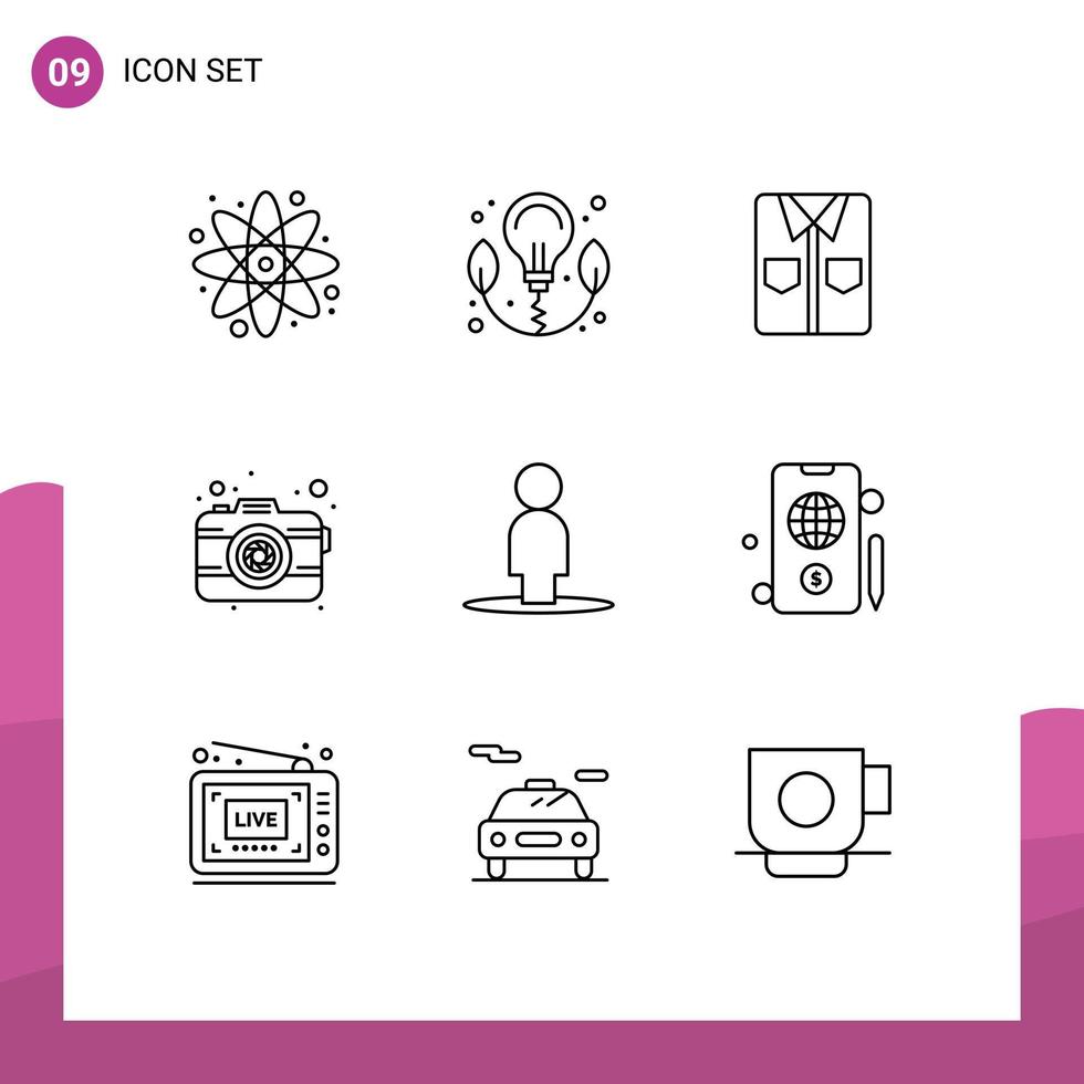 Stock Vector Icon Pack of 9 Line Signs and Symbols for people lens shirt photography camera Editable Vector Design Elements